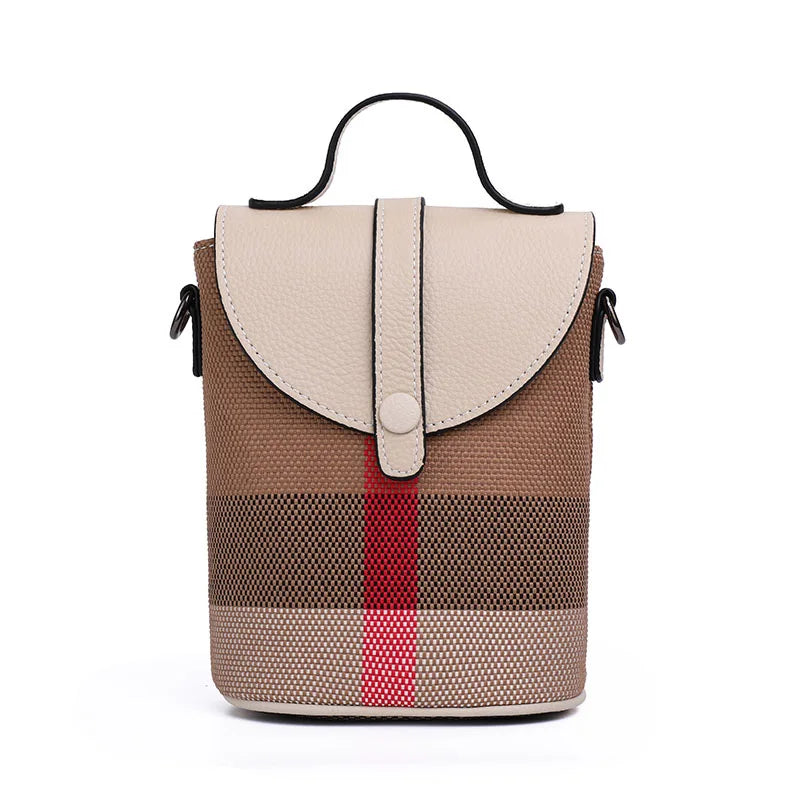Fashionable Women's Mini Bag | Plaid Canvas & Genuine Cowhide Patchwork Handbag | Elegant Single Shoulder Crossbody & Portable Small Bag Luxegan