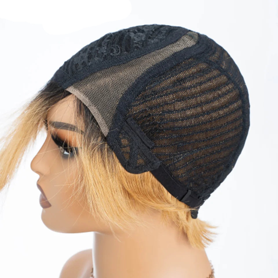 Natural Honey Color Pixie Bob Wig | Straight Human Hair with Bangs & Part Lace Luxegan