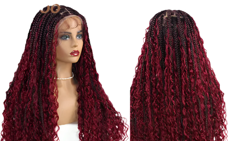 32" Box Braided Wig with Boho Curls - Knotless Braids, Cornrow Style, Lace Front Wig for Black Women (Natural Black)
