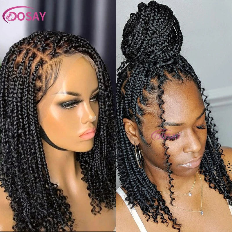 12" Curly Boho Braids Bob Wig | 360 Full Lace | Knotless Box Braids | Baby Hair Luxegan
