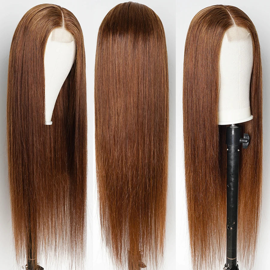 Brown 2x6 Kim K Closure Wig | Transparent Lace Front Middle Part Straight Human Hair Bob Luxegan