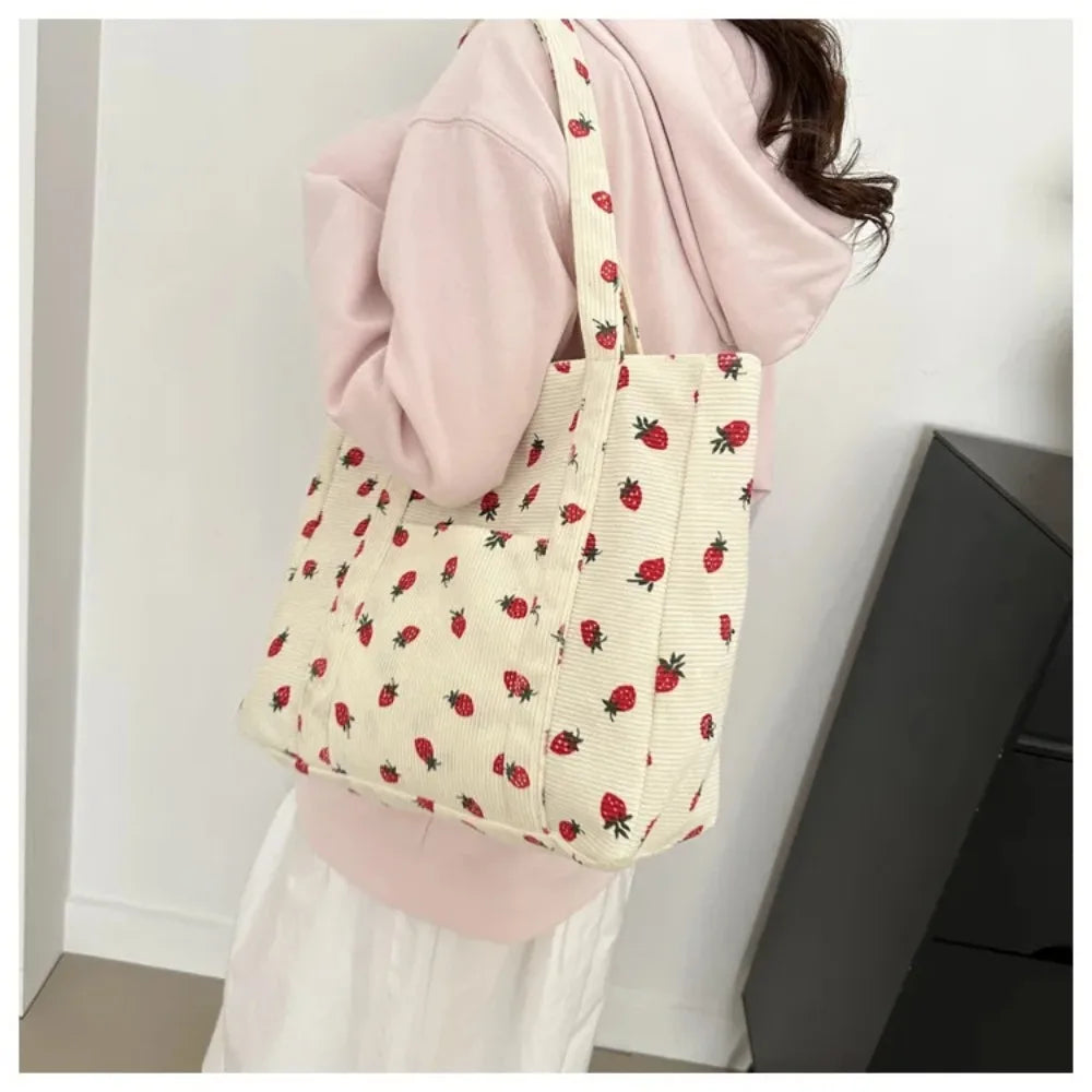 Canvas Bucket Bag | Soft Strawberry Corduroy Large Capacity Commuter Tote Luxegan
