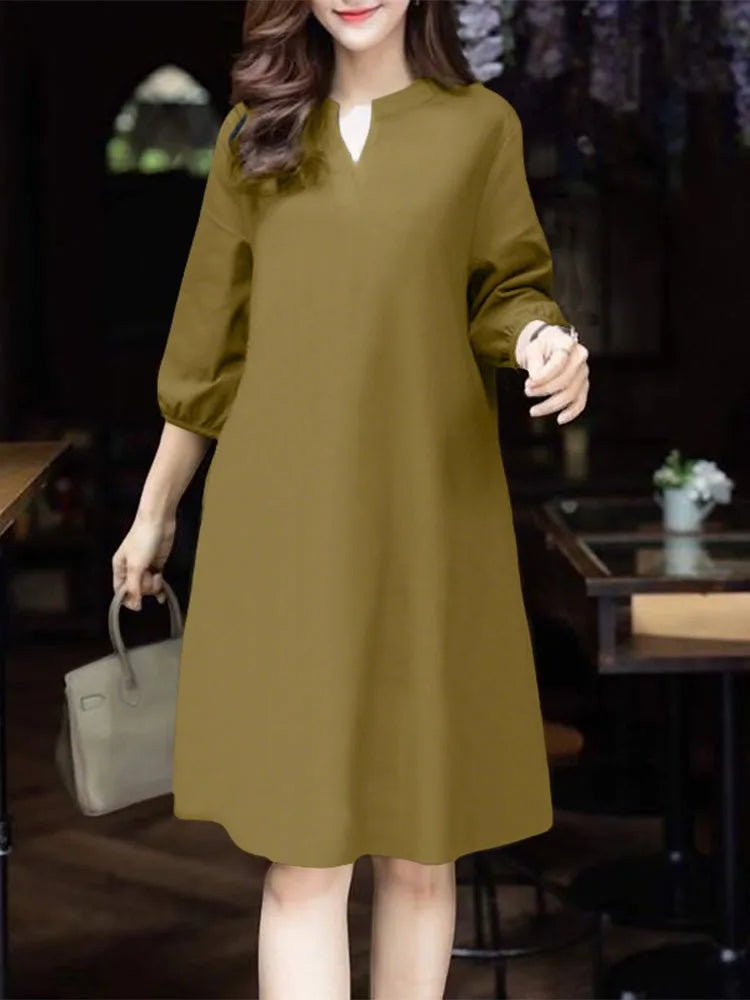 V-Neck Puff Sleeve A-Line Midi Dress | Elegant Solid Work & Casual Autumn Dress Luxegan