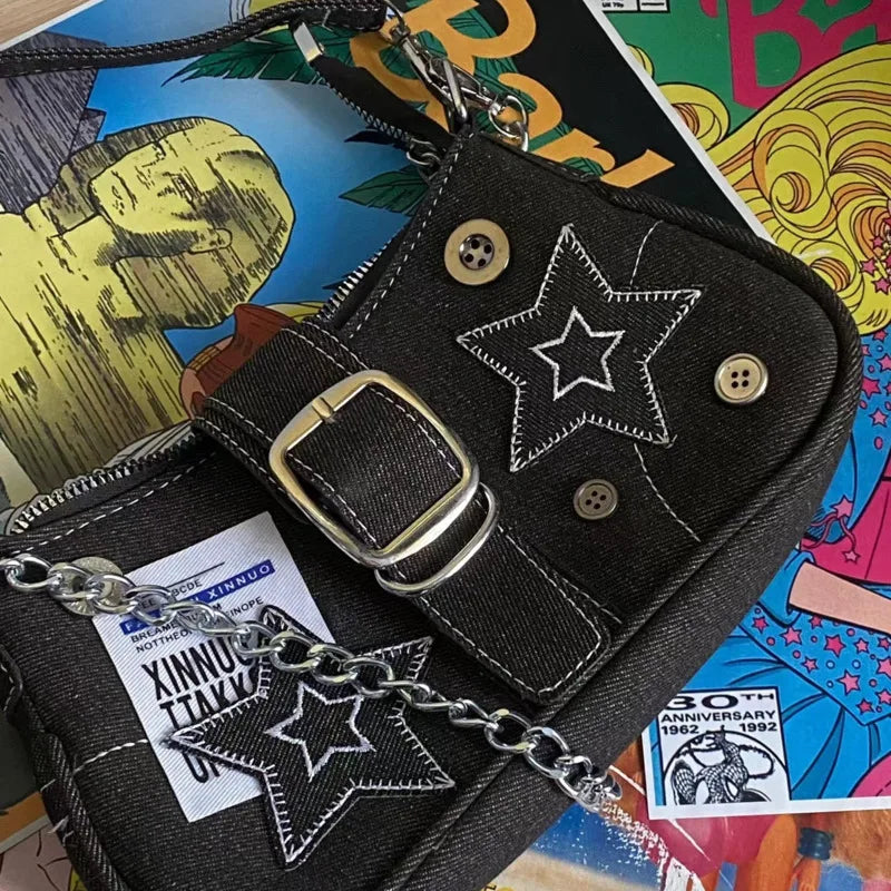 Y2k Fashion Women's Handbags Stars Pattern Cool Girl Underarm Bag | Vintage Canvas Female Shoulder Bag Chain Crossbody Tote Purses Luxegan