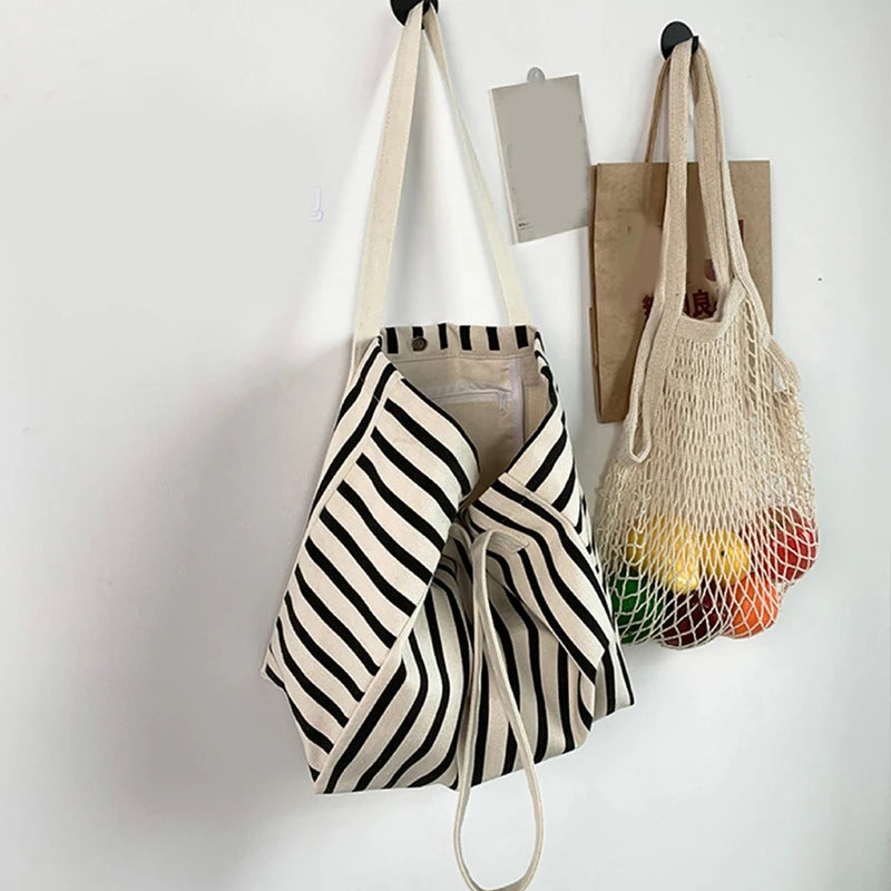 Fashionable Canvas Beach Tote | Large Capacity Striped Shoulder Bag Luxegan
