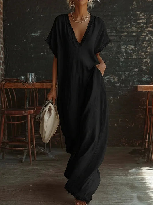 V-Neck Short Sleeve Lace Detail Loose A-Line Midi Dress | Elegant Casual Beach Holiday Dress - view 2