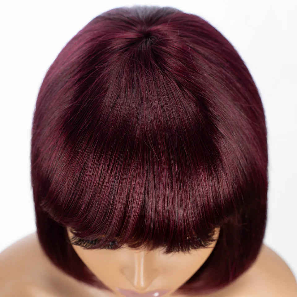 99J Wine Red Straight Bob Wig with Bangs | Full Machine Made Brazilian Remy Human Hair Luxegan