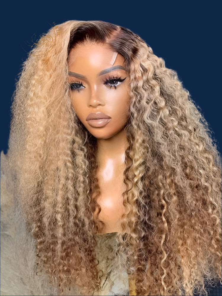 Ombre Honey Blonde Kinky Curly Lace Front Wig | Brown Roots | 13x6 Transparent Lace