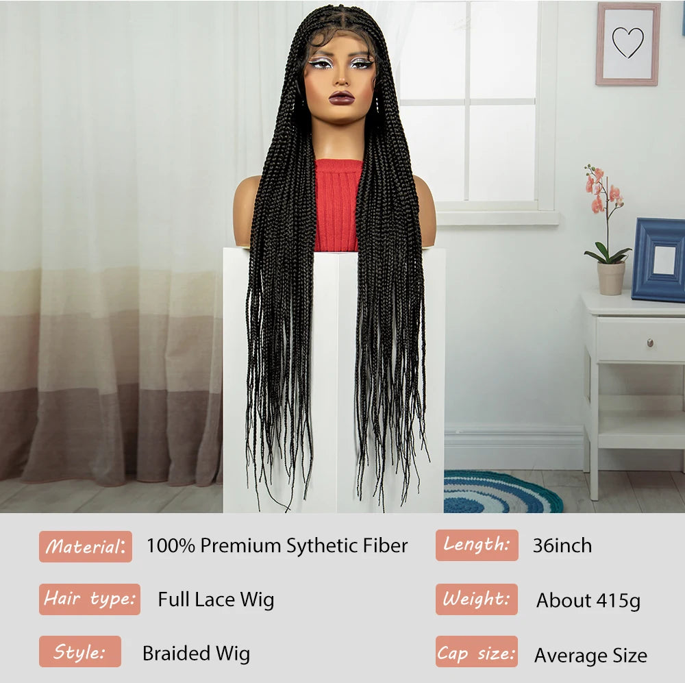 36" HD Full Lace Twisted Box Braids Wig | Long Straight Synthetic Braided Wig with Baby Hair for Black Women Luxegan