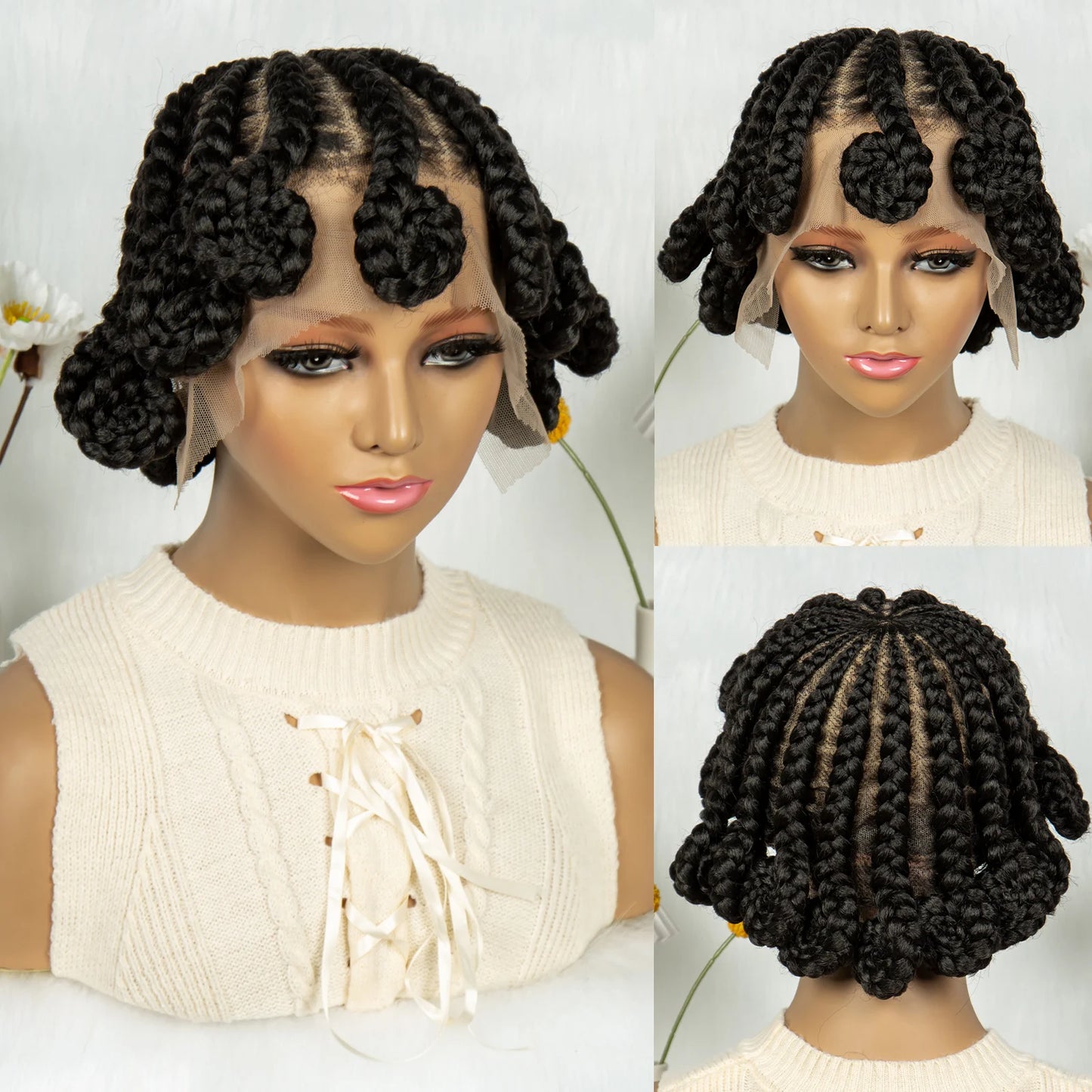 Short Bantu Knot Braided Wig | Full Lace | Synthetic Hair | Baby Hairs | Transparent Lace | Cute Braids Wig for Women