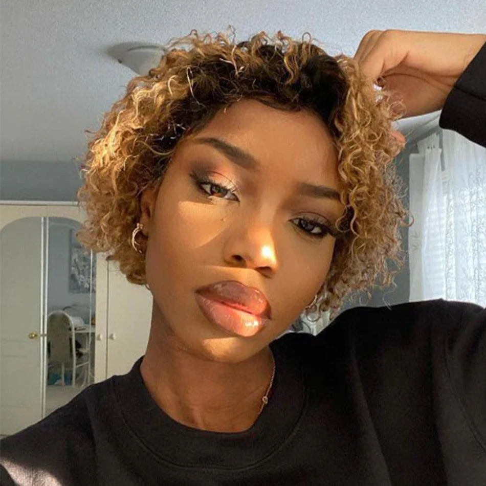 Ombre 1B/27 Pixie Cut Wigs Human Hair Curly Brazilian Virgin Hair 13x1 Transparent Lace Front Short Bob 180% Density