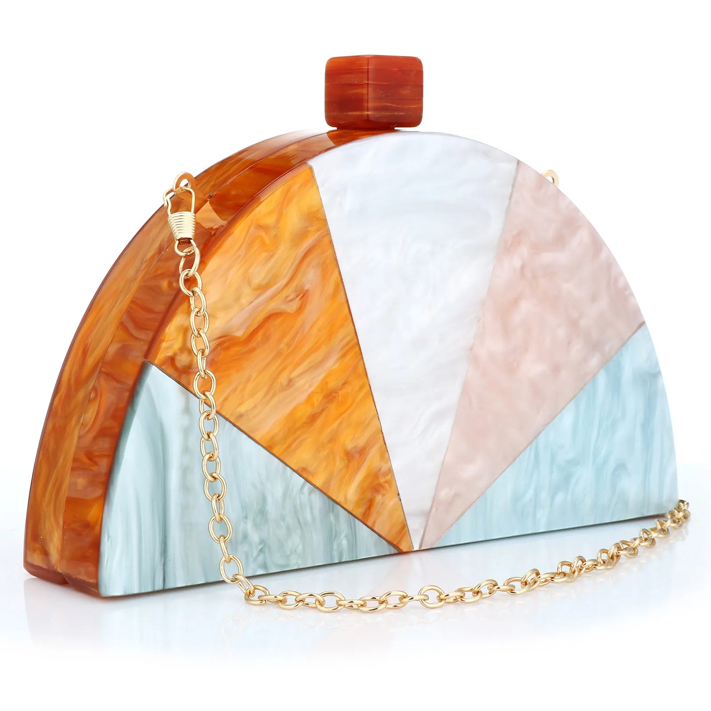 Elegant Acrylic Evening Box Bag for Women | Sophisticated Half-Moon Clutch Purse | Luxury Lady’s Prom and Wedding Party Handbag | High-Street Fashion Minaudiere Shoulder Bag with Chain Decoration Luxegan