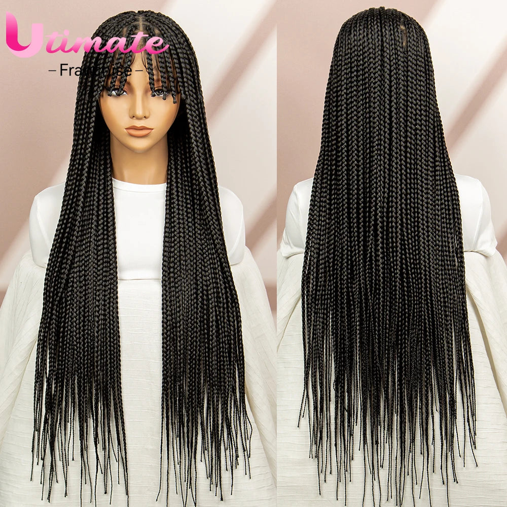 34" Box Braided Full Lace Wig | Braids with Bangs | Synthetic Hair Wig for Black Women | Kanekalon