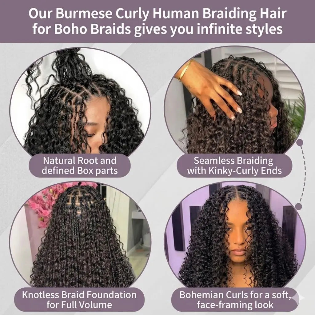 Burmese Curly Human Hair Bulk | Boho Braids Knotless Braiding Virgin Hair Extensions No Weft - view 6
