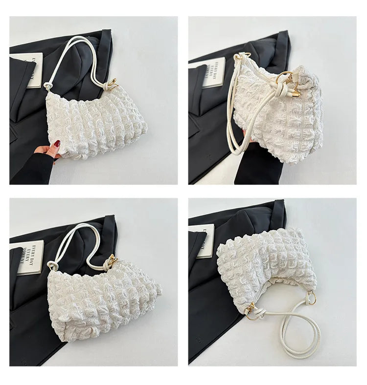 Canvas Wrinkle Bag for Women | Shoulder Bags & Pleated Bubbles Handbags (Padded Casual Underarm Quilted Tote Cloud Bag Purse) Luxegan