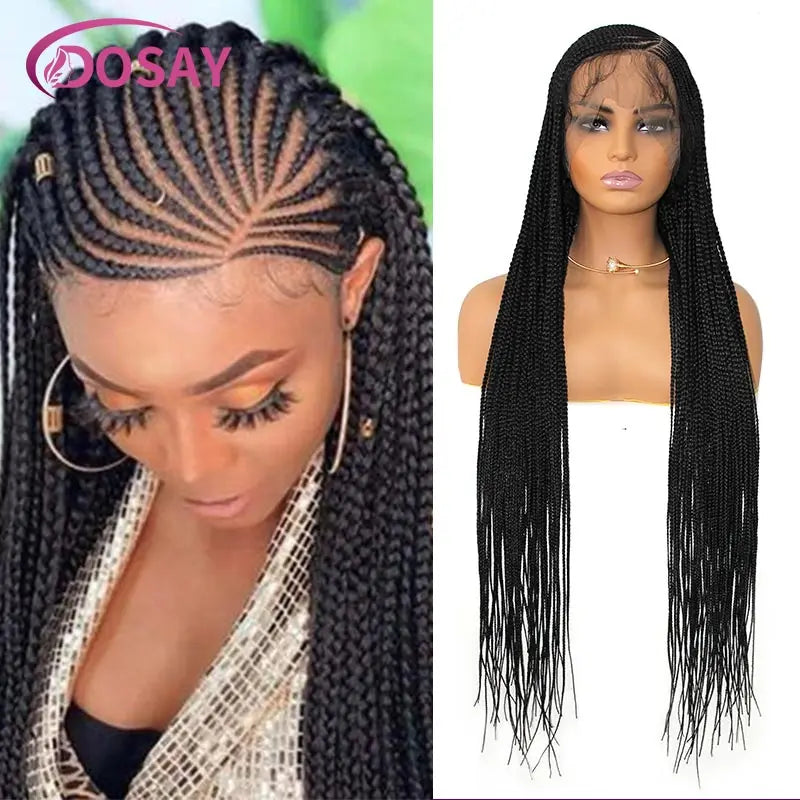 Synthetic Full Lace Front Wig Cornrow Double Braided Wigs For Black Women Box Side Part Braided Lace Wig Faux Locs Braids Wigs Luxegan
