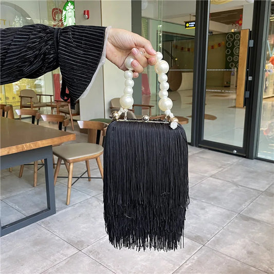 High-Quality Black Evening Handbag | Tassel Small Square Dinner Bag | Elegant Pearl Chain Clutch | Luxury Acrylic & Wool Mixed Minaudière for Women Luxegan