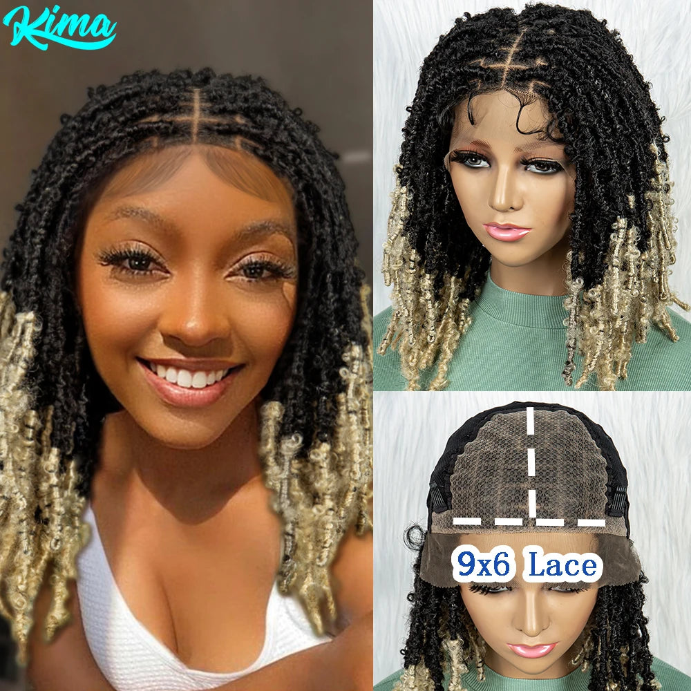 KIMA Pelucas trenzadas sintéticas de 14 pulgadas Peluca frontal de encaje Pelucas trenzadas 9x6 Trenzas de caja sin nudos con pelo de bebé para mujeres negras