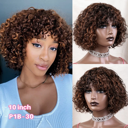 150% Density Peruvian Wet & Wavy Short Pixie Bob Wig with Bangs - Full Machine-Made Glueless Jerry Curly Tutu Wig - 100% Remy Human Hair Wear-and-Go Highlight Fringe Wig for Women (14-20 Inch) Luxegan