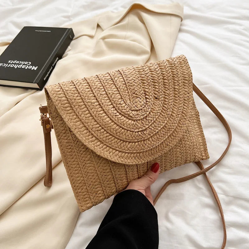 Summer Travel Beach Bag Straw Woven Clutch Bag | Fashion Designer Crossbody Shoulder Bag for Women (Handbag Ladies Wrist Wicker Bag) Luxegan