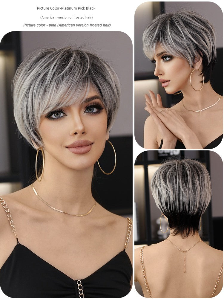 European & American Short Platinum Highlight Black Wig | Full Head Cover Artificial Human Hair Wig for Women (Natural Hairstyle with Oblique Bangs) Luxegan