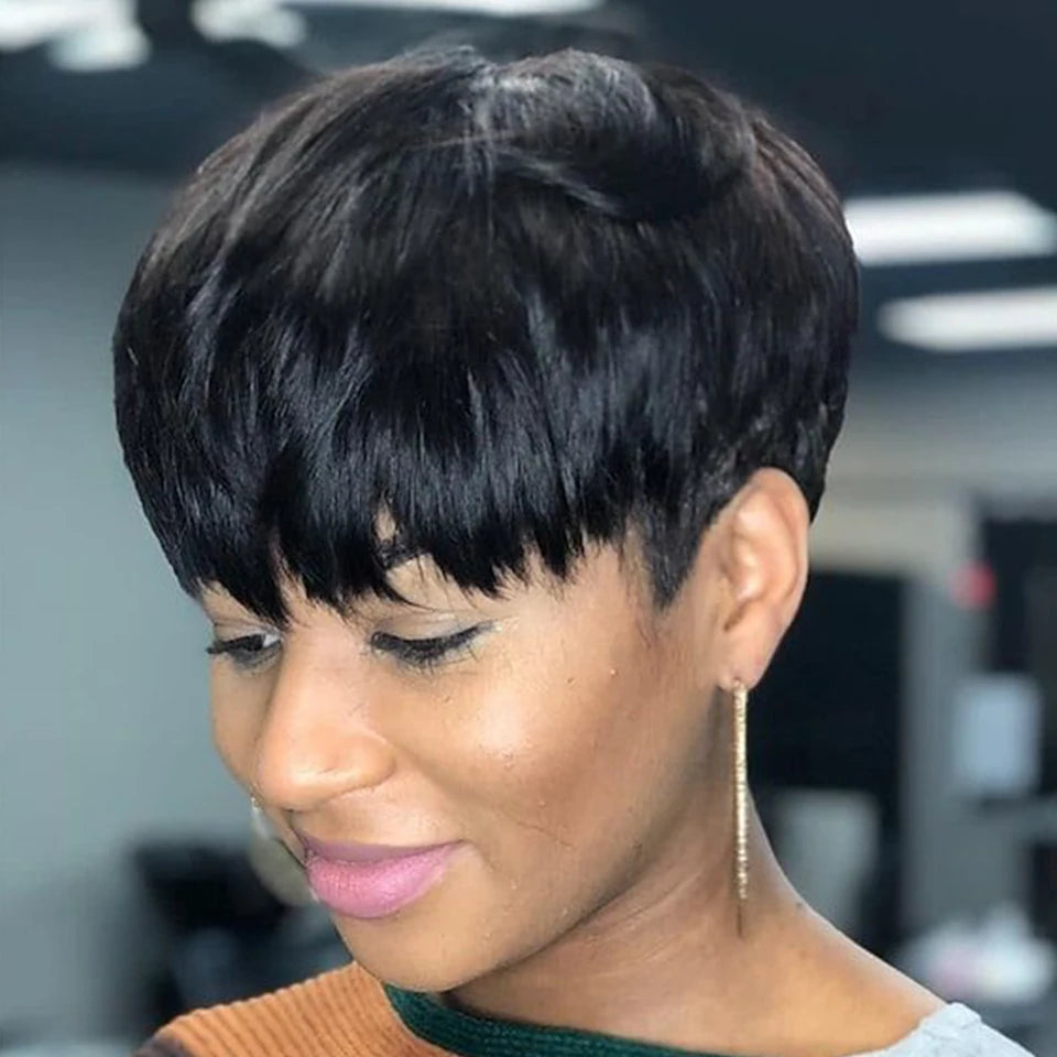 Rebecca Short Straight Pixie Bob Wig with Bangs | Glueless Brazilian Human Hair (Black & Brown) Luxegan