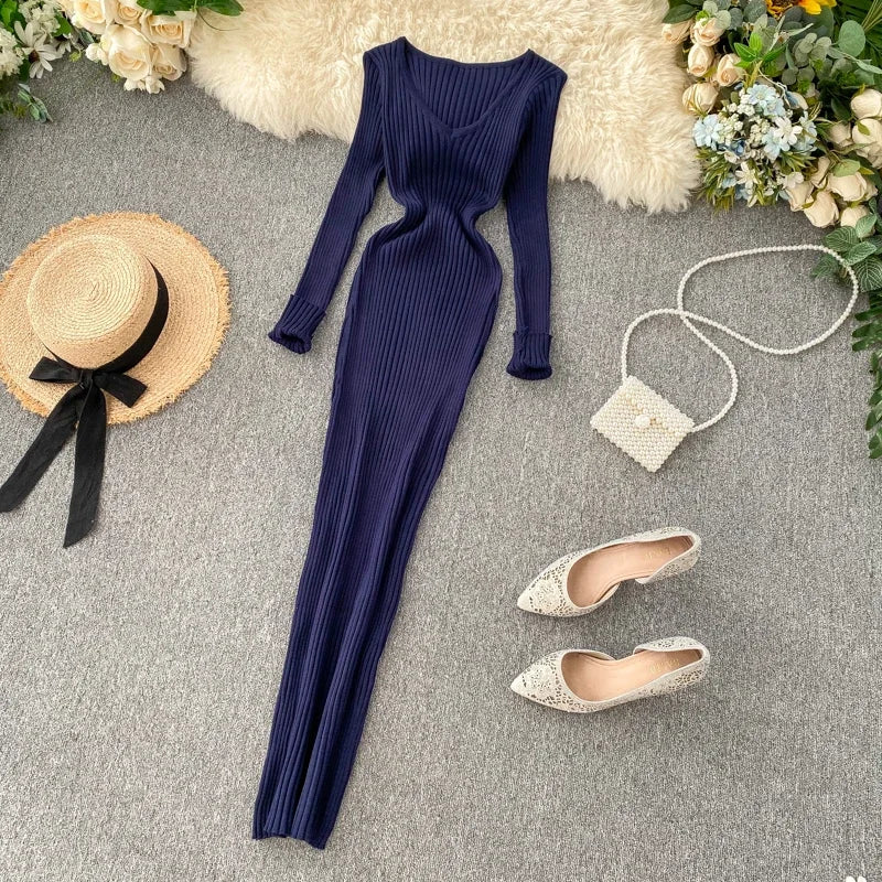 New Autumn V-Neck Knitted Dress | Sophisticated Slim Elastic Bodycon Sweater Gown | Elegant "Full Sleeve" Silhouette | "Dignified" High-Stretch Warm Long Dress for Radiant Versatile Autumn & Winter Styling Luxegan