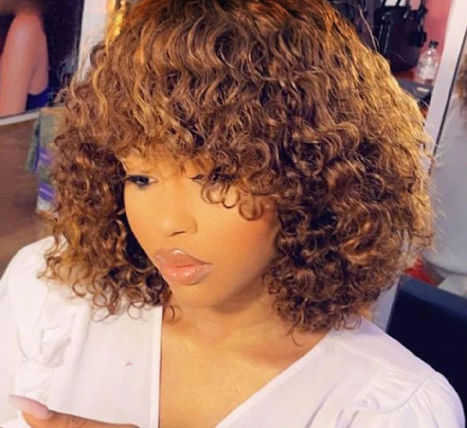 Ombre 99J & Blonde Jerry Curly Bob Wig with Bangs | Glueless "Wear to Go" Human Hair Luxegan