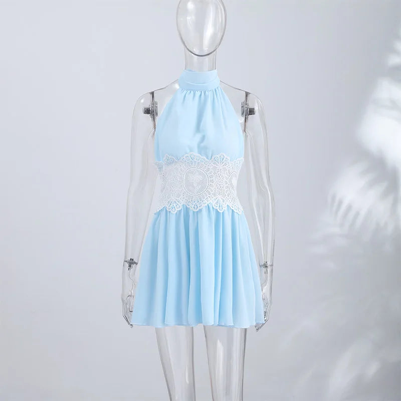 Hollow-Out Lace-Up Backless Mini Dress | Stand Collar Sleeveless Pleated Beach Dress Luxegan