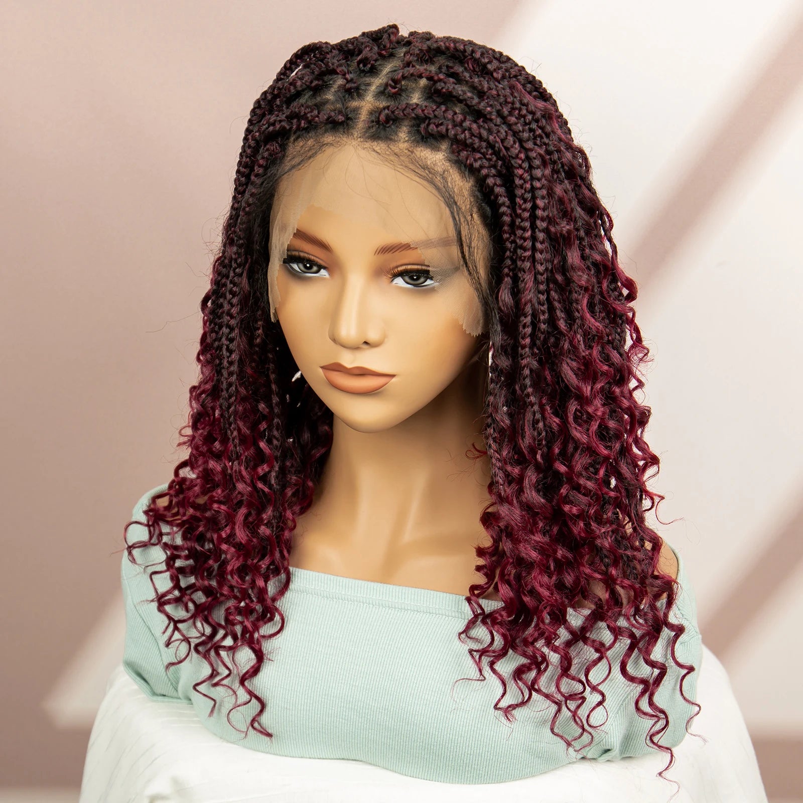 Burgundy Knotless Box Braids Wig with Curly Ends | Full Lace Luxegan