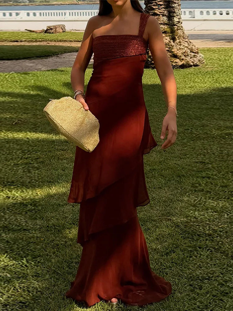 One-Shoulder Layered Chiffon Maxi Dress – Asymmetric, Slim A-Line, Empire Waist Luxegan