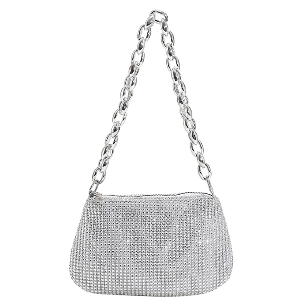 Bling Rhinestone Evening Clutch Bag | Women's Korean Designer Diamond Chain Dinner Party Handbag (Lady Square Tote Shoulder Bag) Luxegan