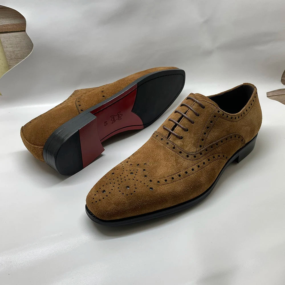 4 Colors Luxury Men's Genuine Leather Cow Suede Brogue Oxfords | Carving Design Casual & Wedding Dress Shoes Luxegan