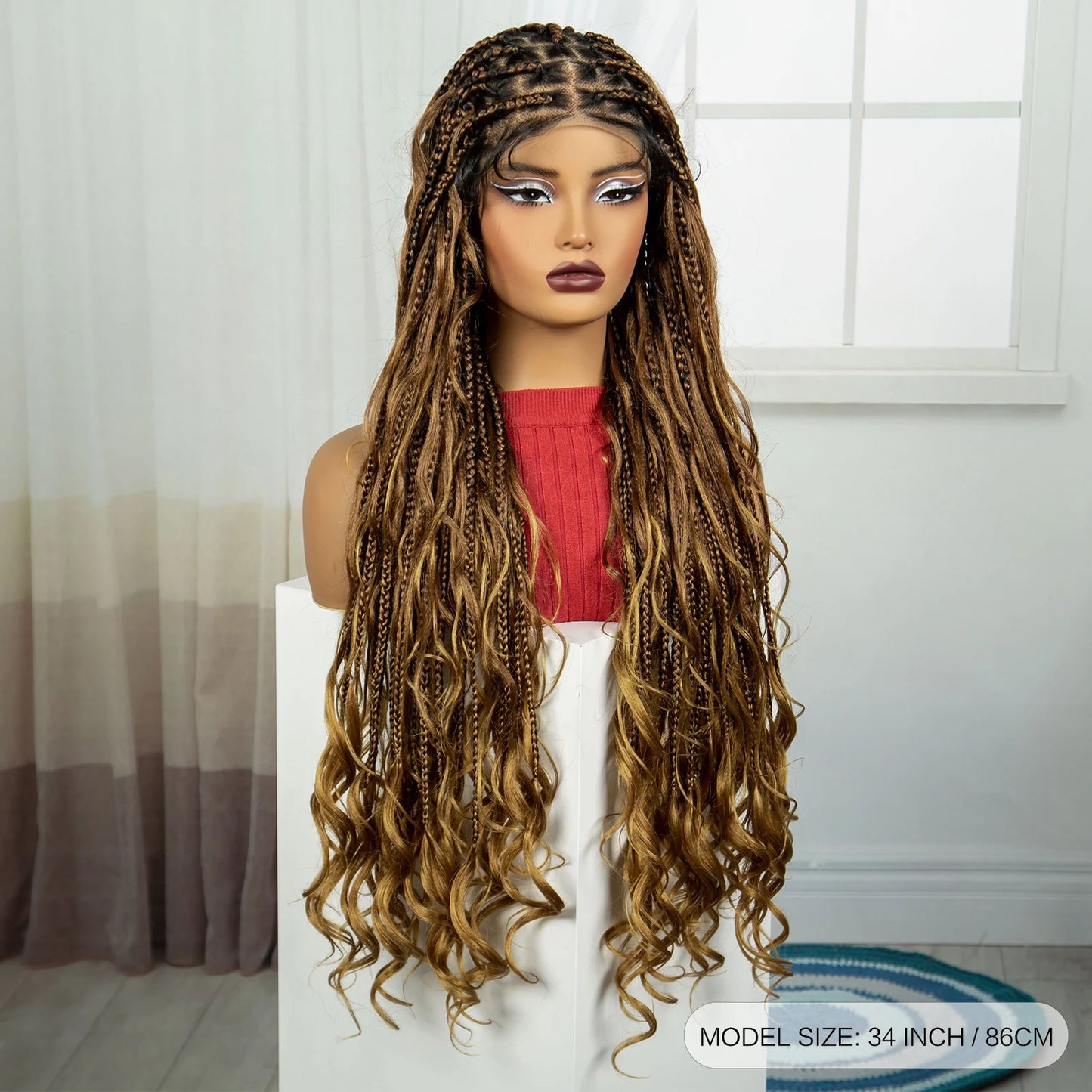 34" Boho Knotless Box Braids Wig | HD Full Lace | Ombre Braided Wig | Baby Hair | Synthetic Hair | Black Women