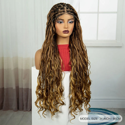 34" Boho Knotless Box Braids Wig | HD Full Lace | Ombre Braided Wig | Baby Hair | Synthetic Hair | Black Women