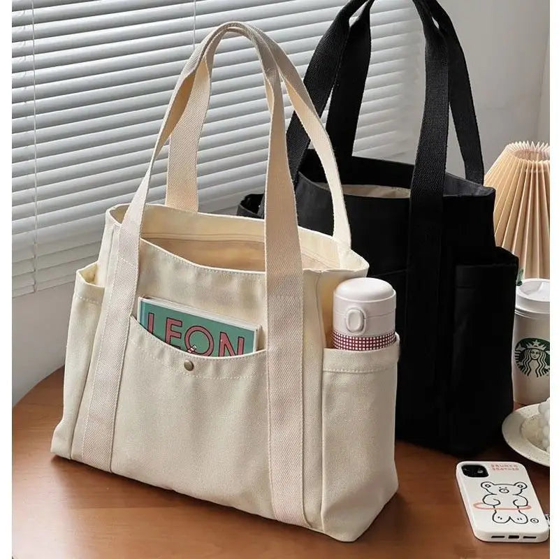 Soft Canvas Preppy Style Large Capacity Tote | Unisex Zippered Commuter Satchel Luxegan