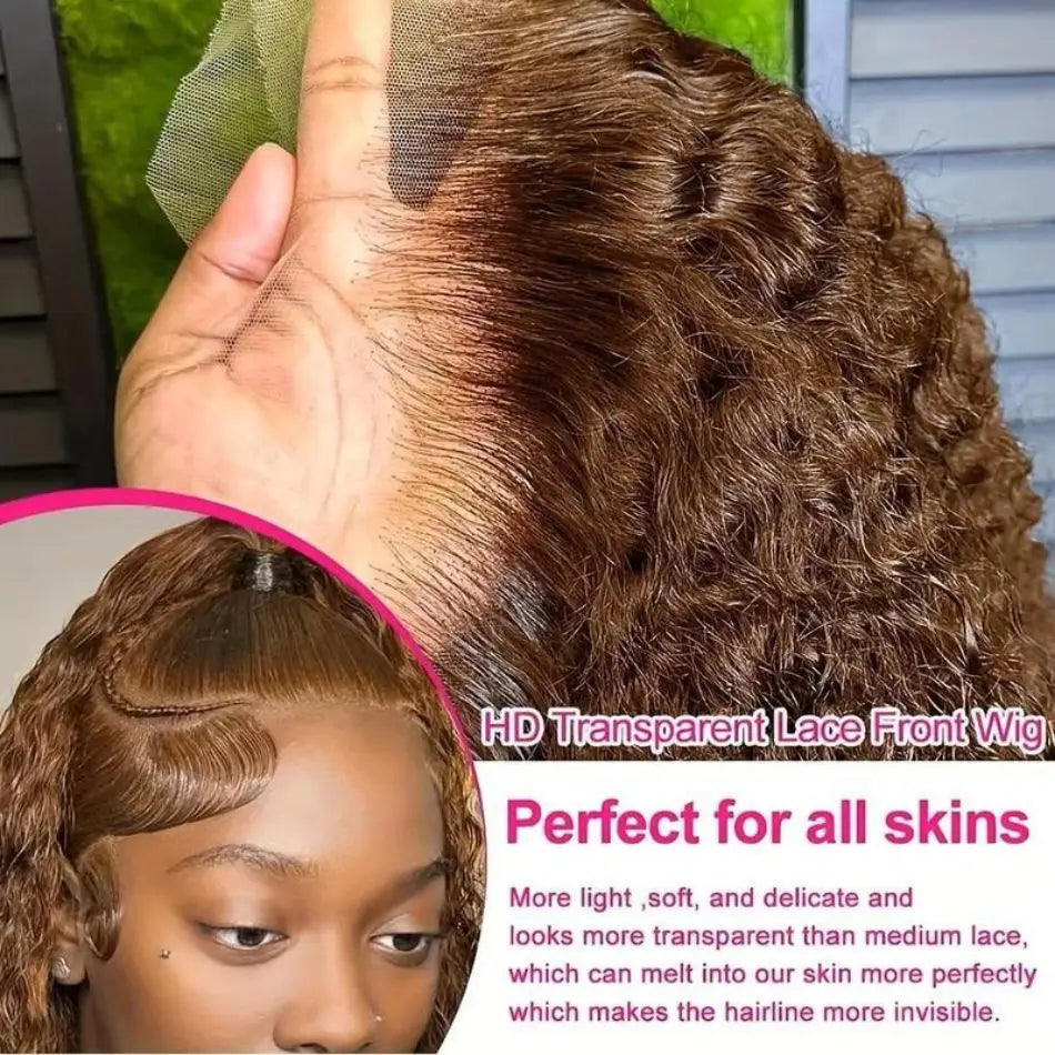 Chocolate Brown Deep Wave HD Lace Wig | Sophisticated 250 Density 13x6 & 13x4 Frontal | Elegant "100% Brazilian Remy" Silhouette | "Dignified" Pre-Plucked Curly Human Hair for Radiant Versatile Styling Luxegan