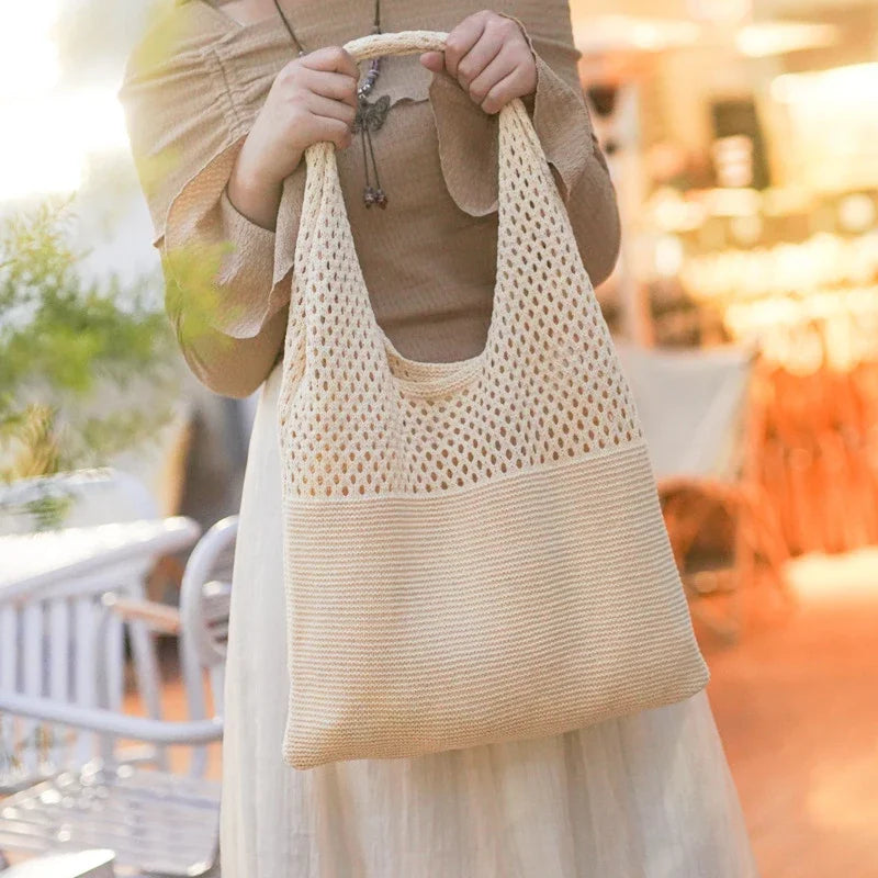 Women’s Large Capacity Knitted Tote Bag | Summer Beach Big Purse | Casual Hollow Woven Shoulder Bag | Versatile Female Knitted Handbag (Model AAA) Luxegan