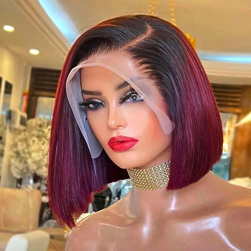 Ombre 1B/99J Burgundy & 1B/27 Honey Blonde Straight Bob Wig | HD Transparent Lace Front Human Hair (Glueless) Luxegan