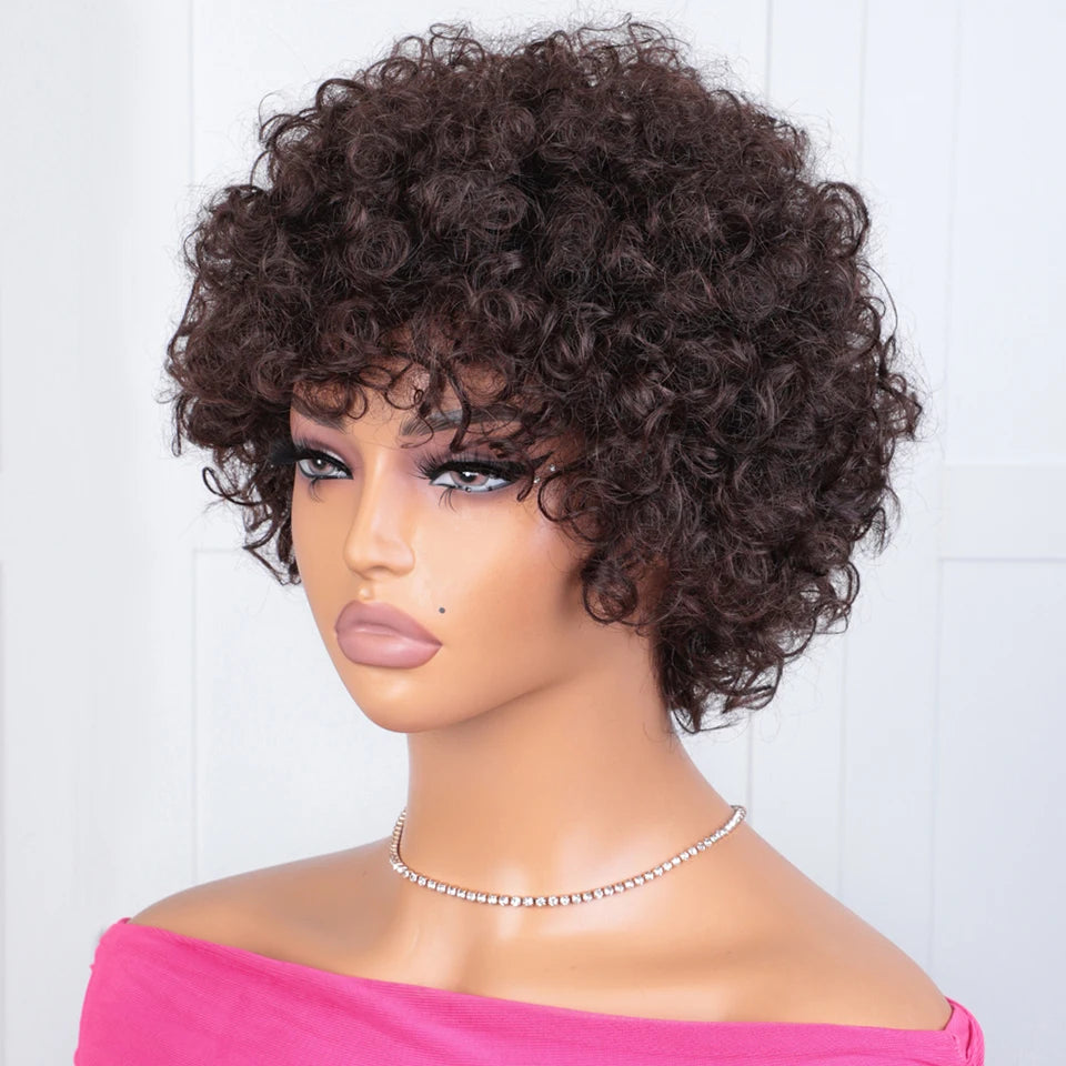 Natural Brown 99J Afro Kinky Curly Pixie Bob Wig | Full Machine Made Human Hair with Bangs Luxegan