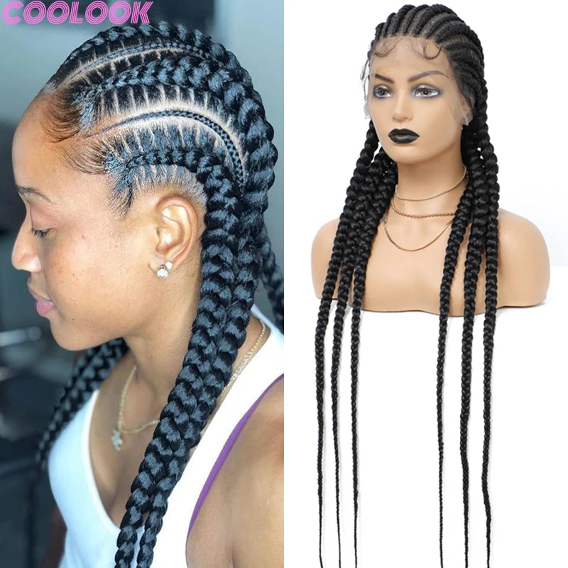 36" Cornrow Knotless Braids Wig | 360 Full Lace | Baby Hair | Synthetic Luxegan