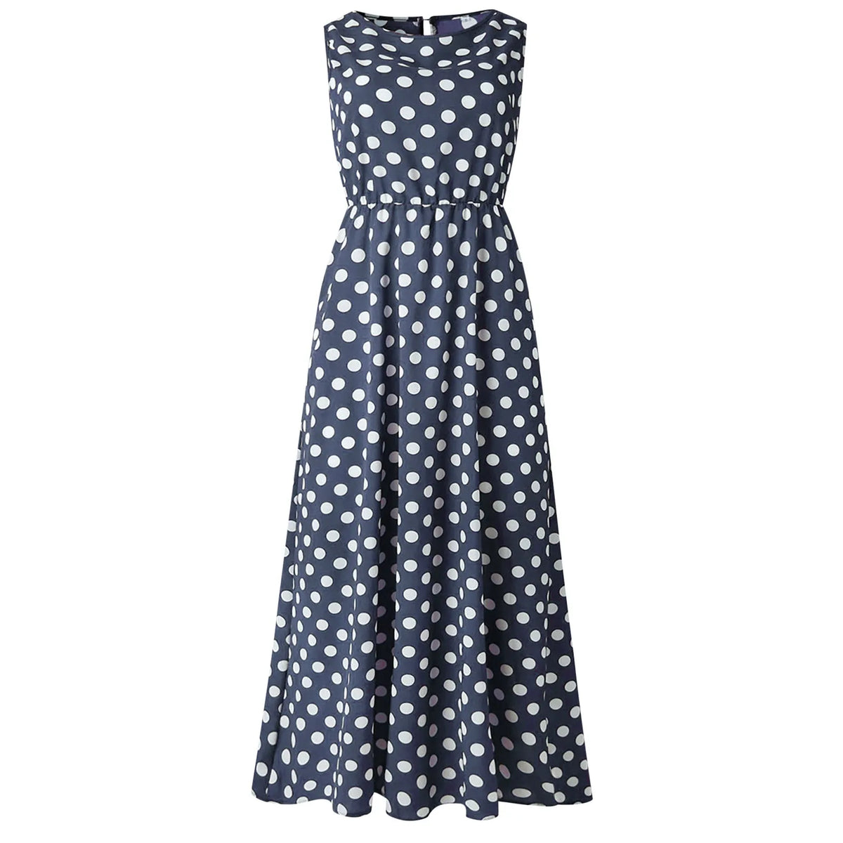 Women's Polka Dot Boho Summer Beach Sundress | Elegant Sleeveless Belted Evening Party Dress | Vintage O-Neck High Stretch Holiday Maxi Dress | Premium Cotton Polyester A-Line Luxegan
