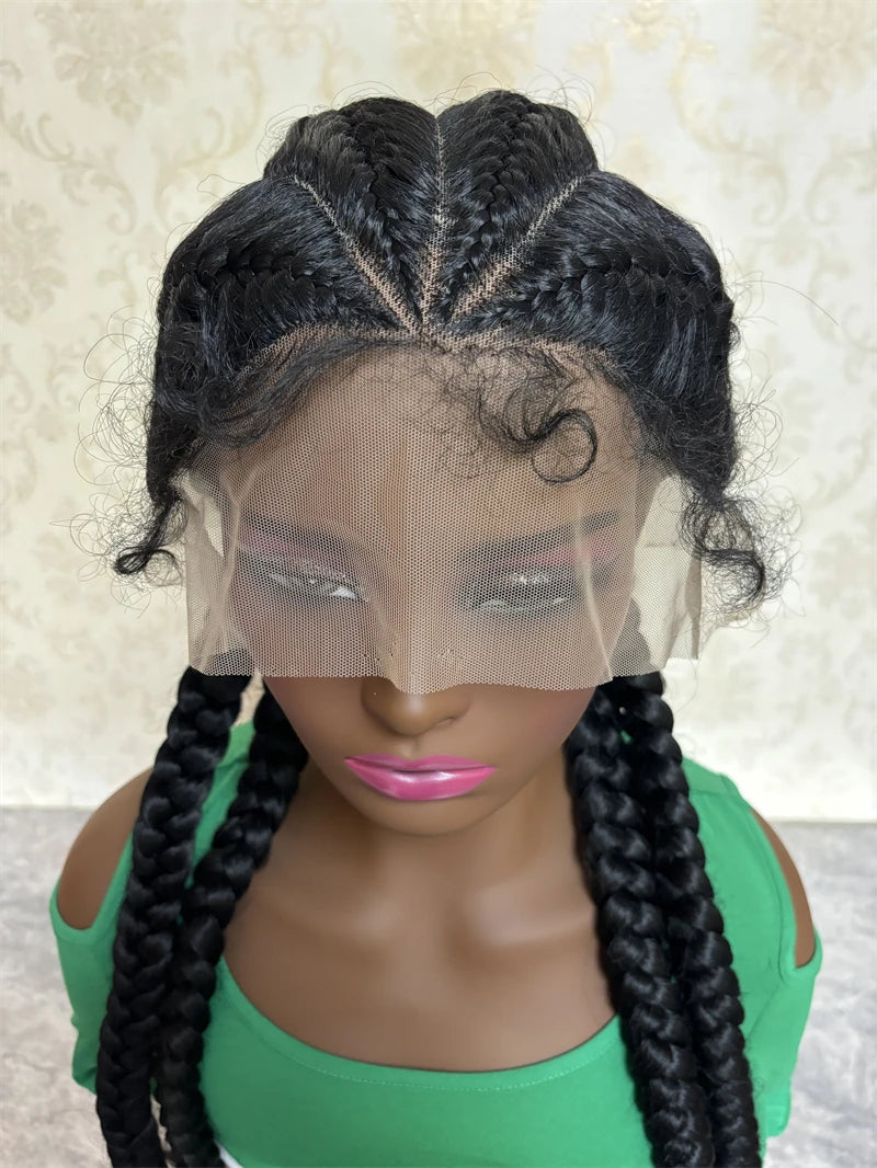 4-Braids Full Lace Braided Wig | Natural Dark Synthetic Wig | Heat Resistant | Black Women Luxegan