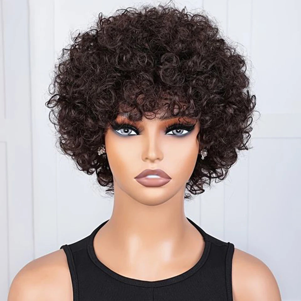 Sleek Short Pixie Afro Kinky Curly Human Hair Wig | Glueless Natural Brown 99J Bob with Bangs Luxegan
