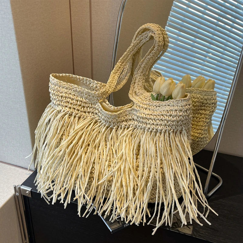 Bohemian Tassel Woven Bag | Handmade Straw Tote & Shopper Luxegan