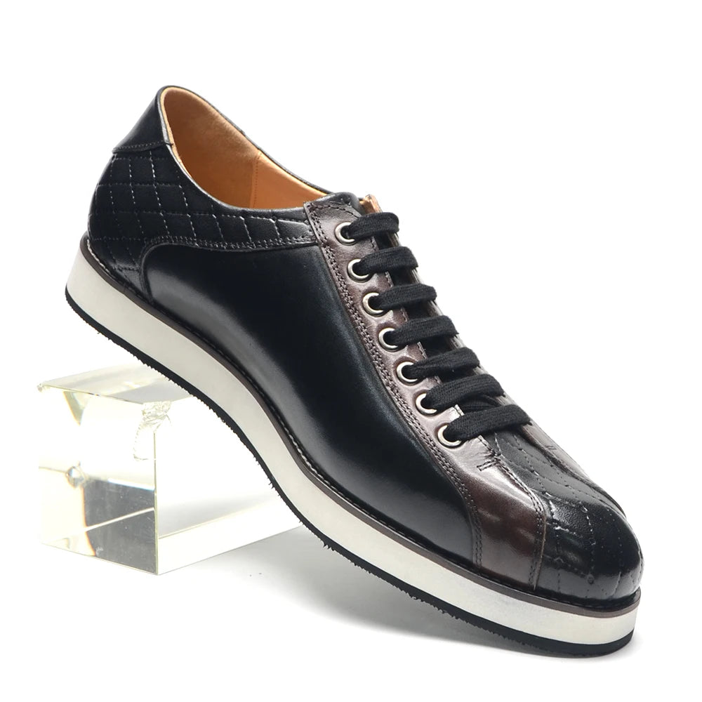 Europe 2024 Fall Luxury Men's Genuine Leather Plaid Casual Shoes | Black & Dark Brown Business Sneakers (Height Increasing) Luxegan