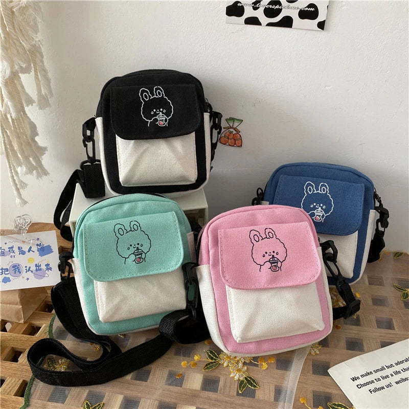 Korean Fashion Canvas Shoulder Bag | Small Messenger Crossbody for Girl Students | Sophisticated Cartoon Aesthetic Cotton Cloth Handbag | Fashion-Forward Square Canvas Bag for Daily Study & Leisure Luxegan
