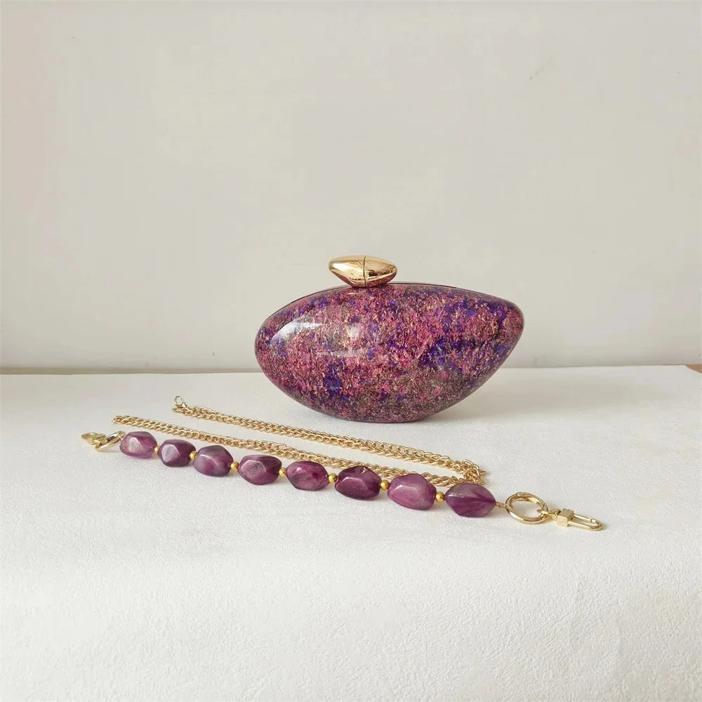 Hard Acrylic Marble Box Clutch | Pearl Chain Evening & Bridal Handbag