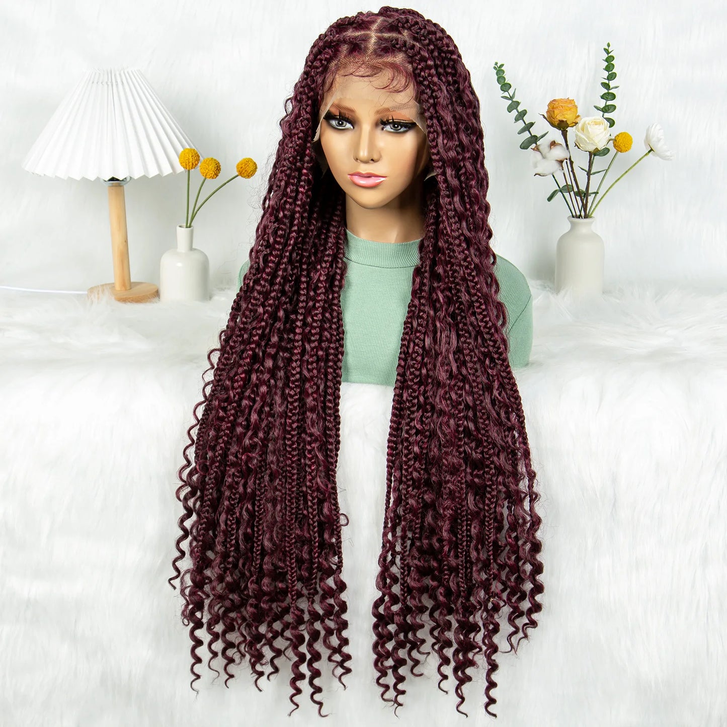 Burgundy Bohemian Box Braids Wig | HD Lace Front | Knotless Goddess Braids | Synthetic Hair