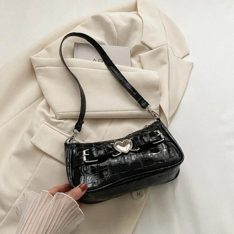 Women's Y2K Peach Heart Butt Leather Handbag | Alligator Pattern Underarm Shoulder Bag with Heart Pin Buckle (Fashion Girls Mini Tote) Luxegan